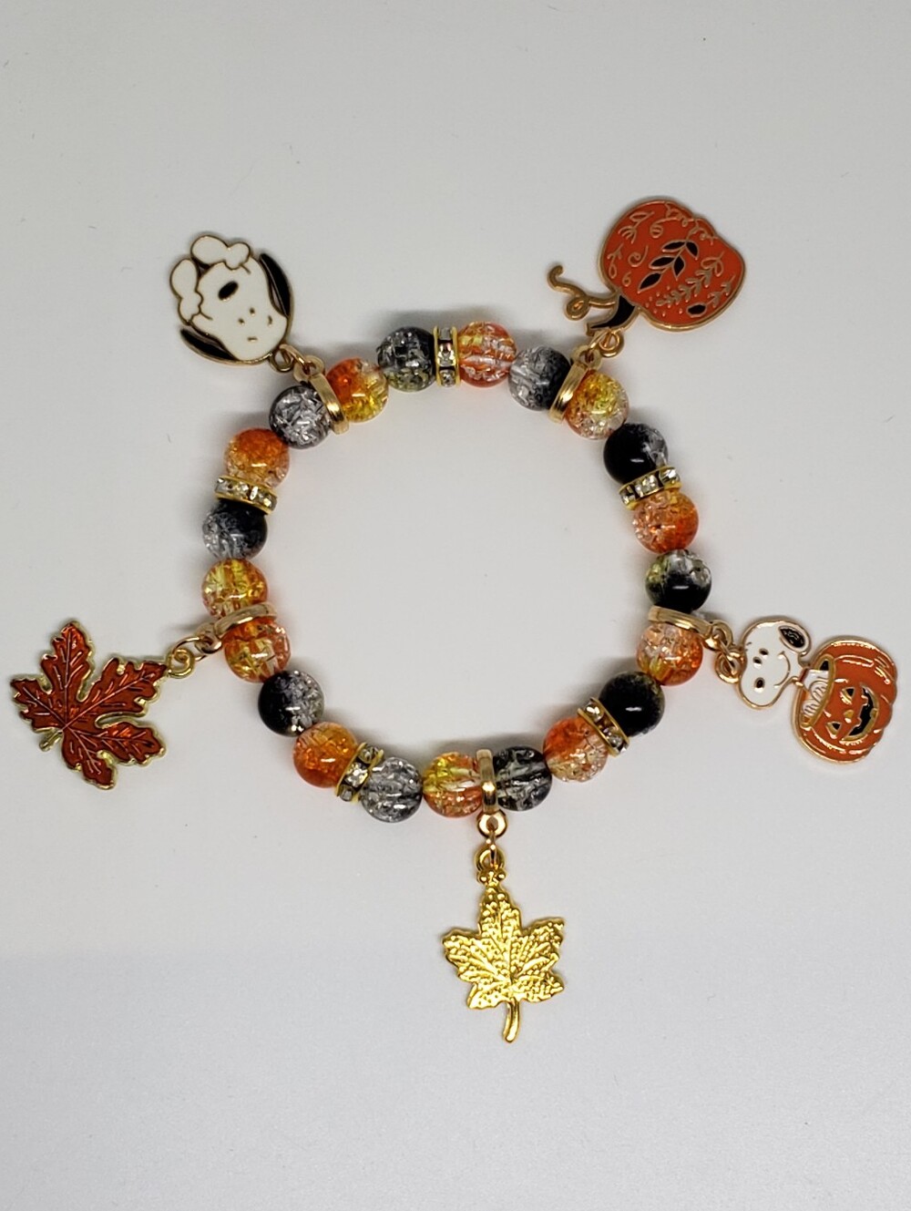 Handmade Glass Halloween Fall Charlie Brown Snoopy Beaded Charm Bracelet